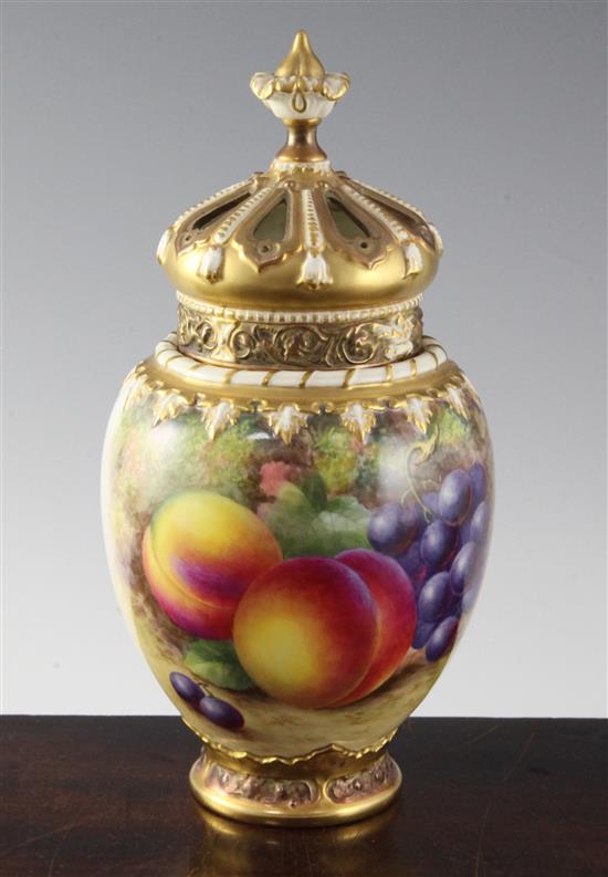 A Royal Worcester fruit painted pot pourri vase, inner cover and pierced cover, c.1957, 24.1cm (9.5in.)